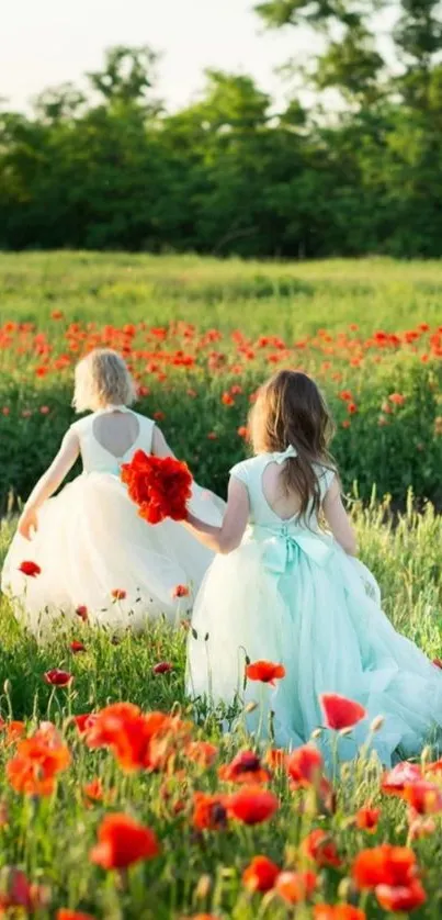 Children in dresses walking through a poppy field.