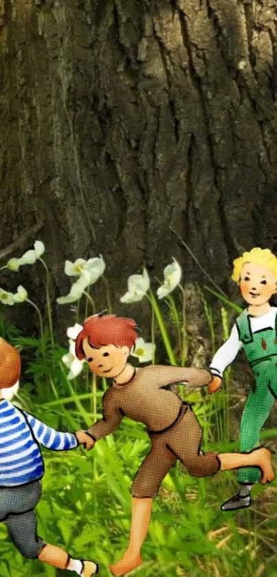 Cartoon children playing in a vibrant, grassy garden by a large tree.