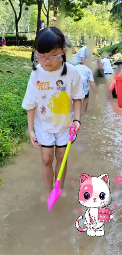 Child with a playful cat in a lush park scene.