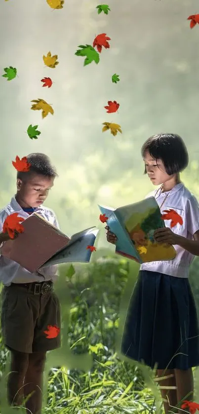 Children reading books surrounded by nature and colorful falling leaves.