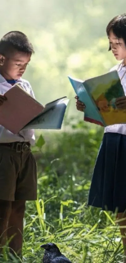 Children reading books in a lush green setting.