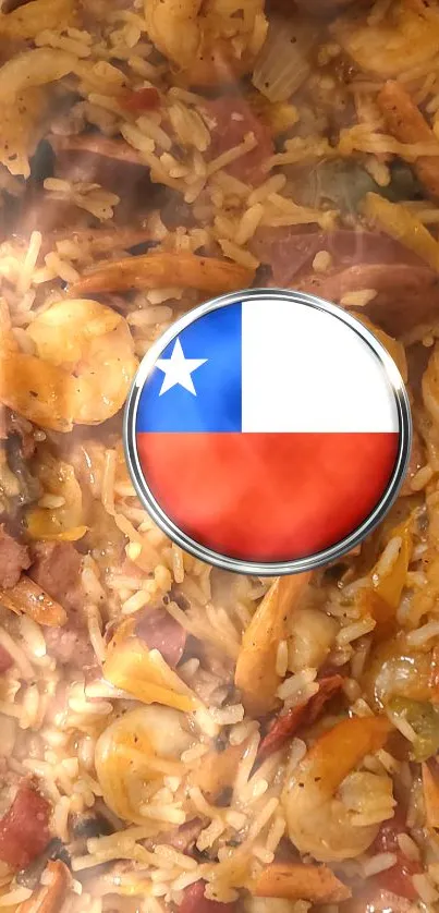 Chilean flag overlaid on a rice and shrimp dish.