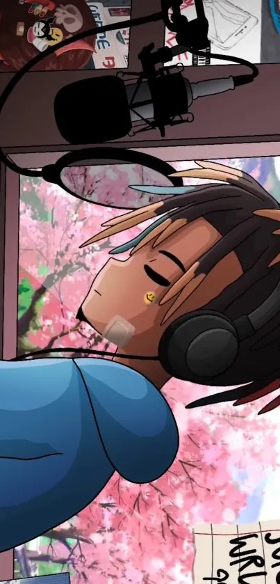 Anime character with headphones in a cherry blossom setting.