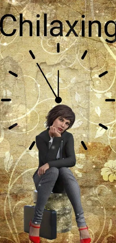 Chillaxing clock with seated figure on floral background.