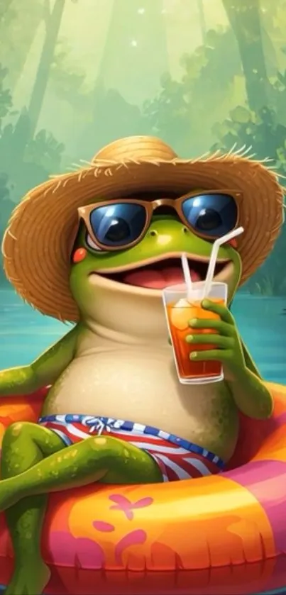 Cartoon frog on float with drink in summer setting.