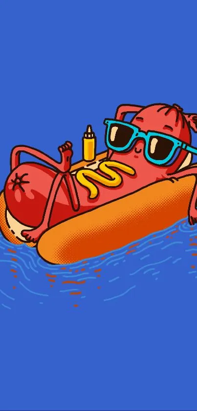 Cartoon hotdog with sunglasses on blue background, perfect for quirky wallpaper.