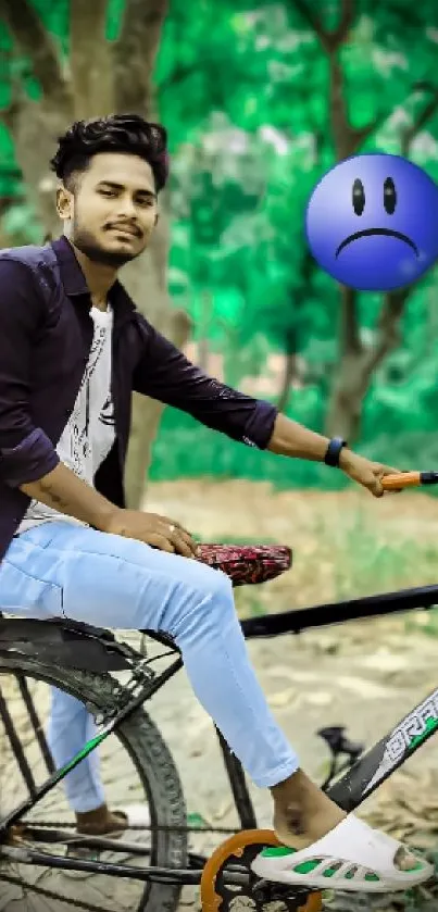 Young man on bike in a green forest background.