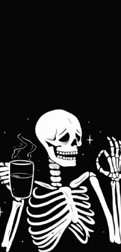 Skeleton holding coffee on black background.