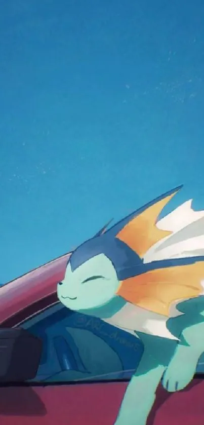 Vaporeon enjoying a car ride with ocean in the background, under a clear blue sky.