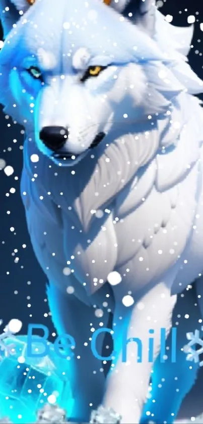 Majestic white wolf in falling snow with 'Be Chill' text.