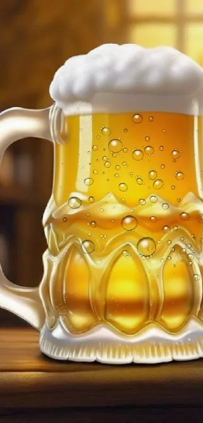 Glass mug filled with frothy golden beer on a wooden table.