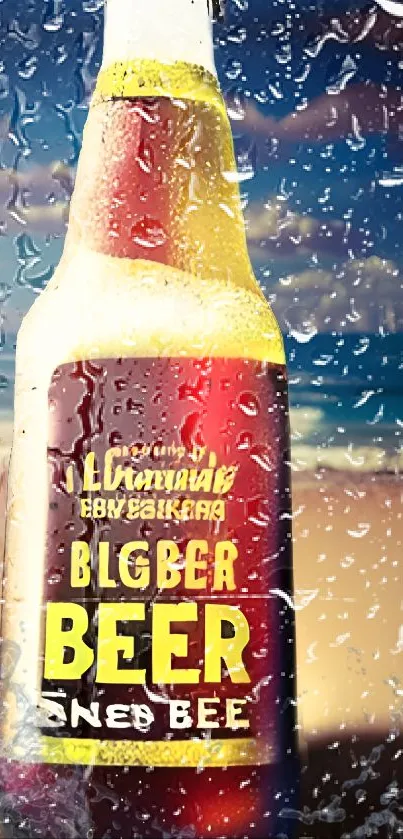 Refreshing beer bottle wallpaper with water splashes.
