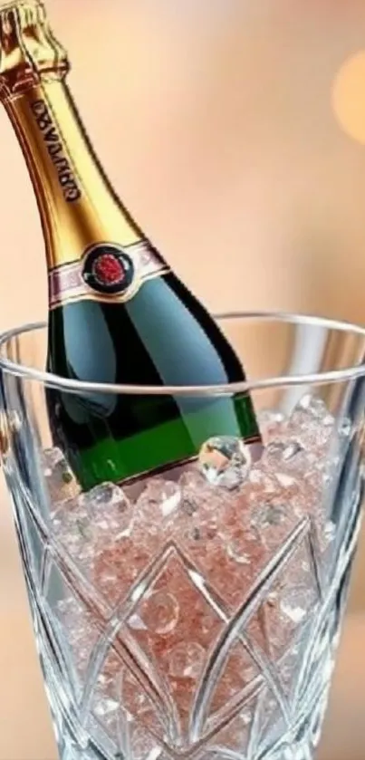 Champagne bottle in ice-filled crystal bucket.