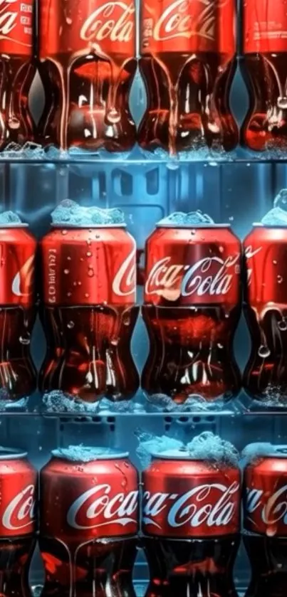 Coca-Cola bottles and cans chilled in a fridge.