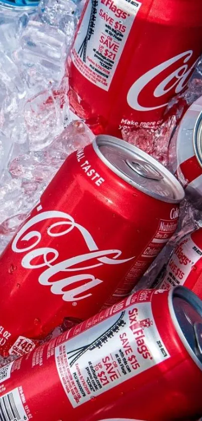 Collection of red Coca-Cola cans in ice, perfect for a refreshing wallpaper.