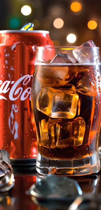 Chilled soda drink with ice cubes.