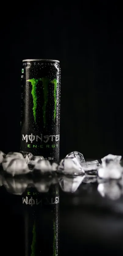 Chilled energy drink can on ice cubes with black background.