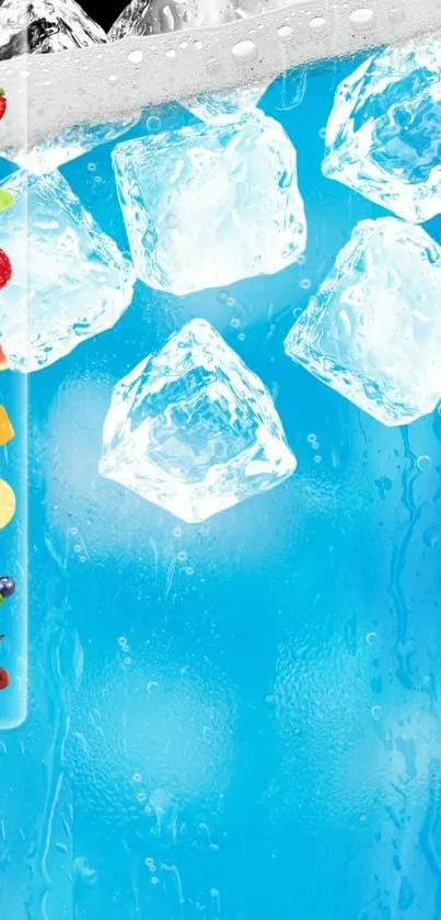 Mobile wallpaper with ice cubes and colorful fruits.