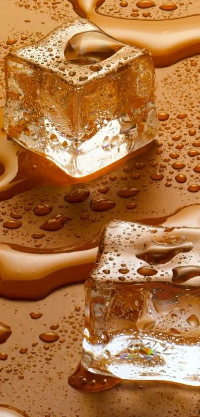 Ice cubes on a brown surface with water droplets.