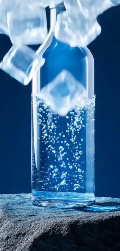 Clear bottle with ice cubes on blue background.