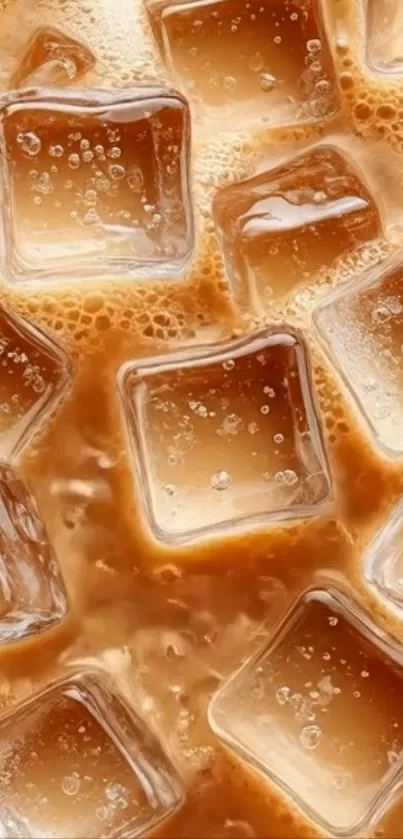 Iced coffee with floating ice cubes close-up wallpaper.