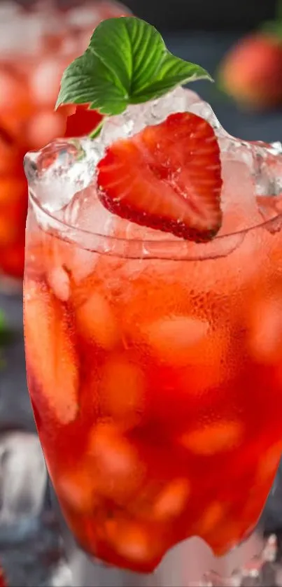 Refreshing strawberry drink with ice and mint leaf on a glass.