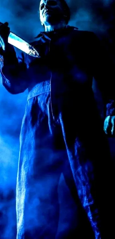 Eerie blue horror wallpaper with spooky figure.