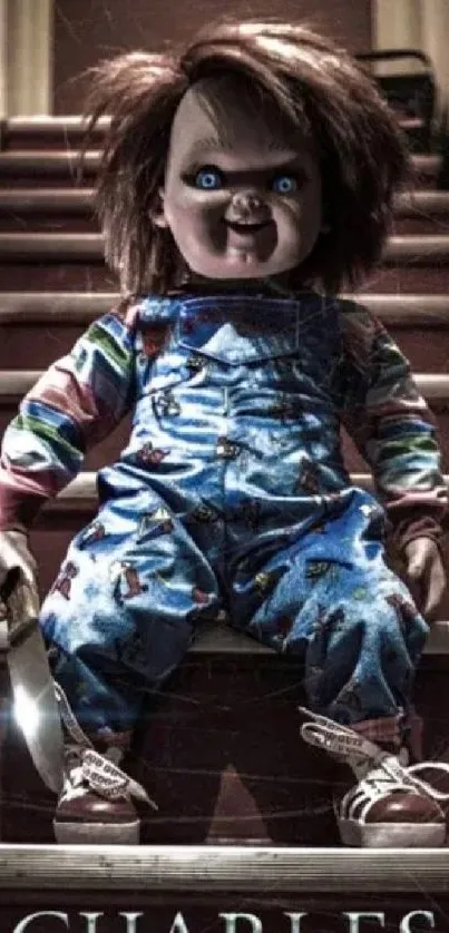 Creepy doll on staircase in vintage style mobile wallpaper.