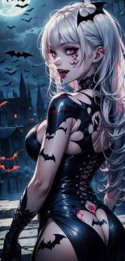 Gothic anime vampire with bats and a dark castle background.