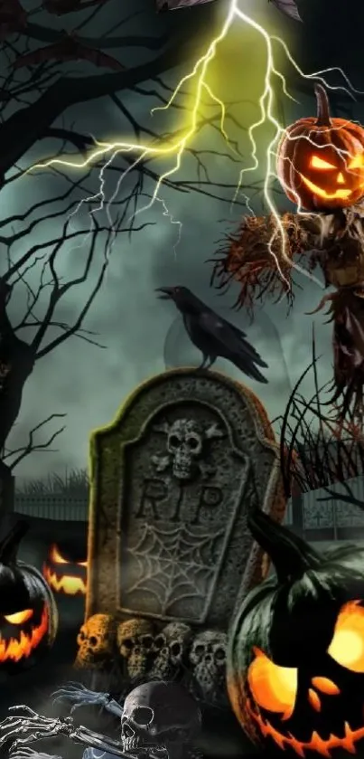 Spooky Halloween wallpaper with pumpkins, a grave, and lightning under a dark sky.