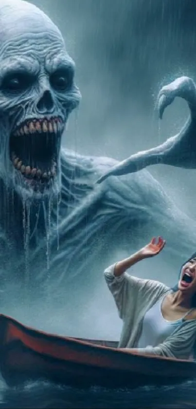 Screaming woman in boat with monstrous creature in misty backdrop.