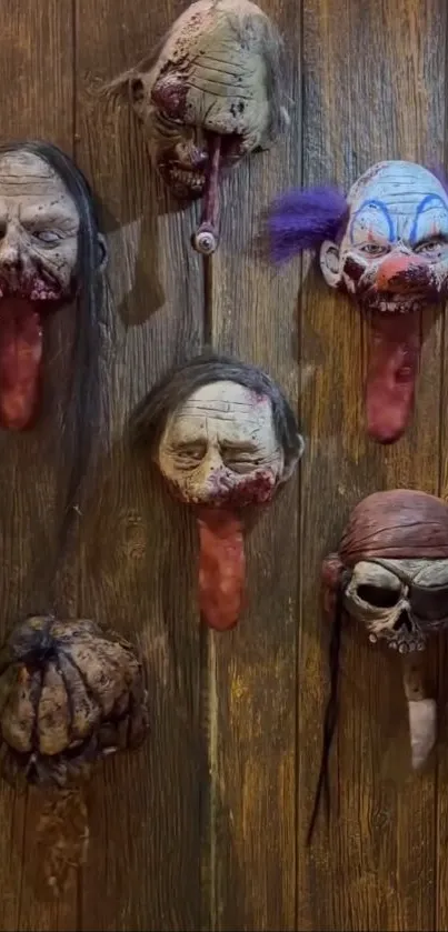 Eerie wooden wall with horror masks and dark theme suitable for Halloween.