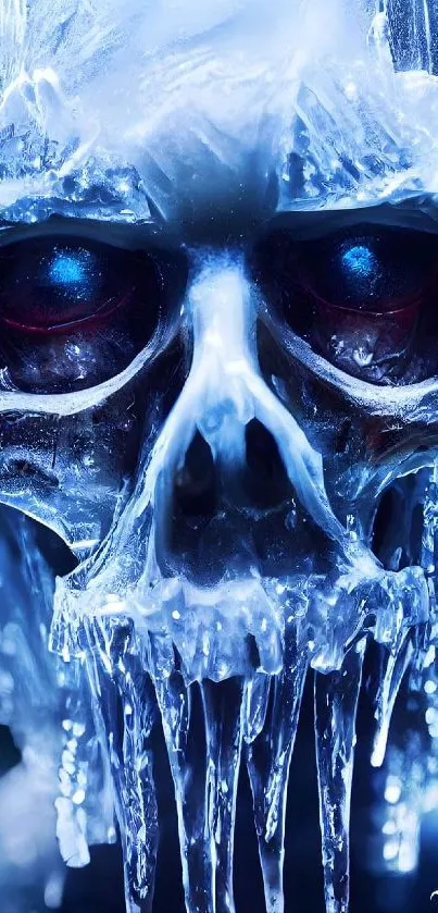 Intricate ice skull with a dark blue background.