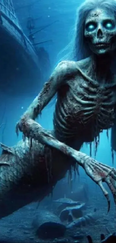 Eerie mermaid skeleton underwater with glowing eyes and a sunken ship backdrop.