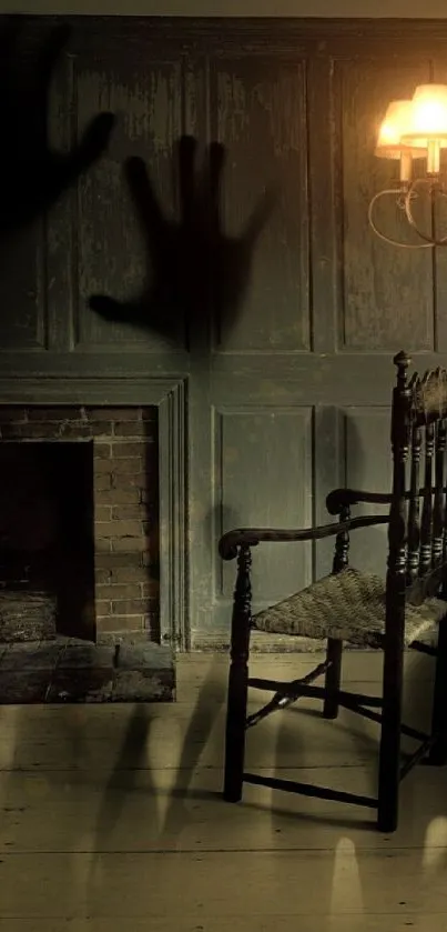 Eerie shadows in a dimly lit room with vintage chair, creating a haunting atmosphere.