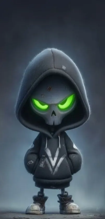 Mysterious skull character in a hoodie with glowing green eyes.