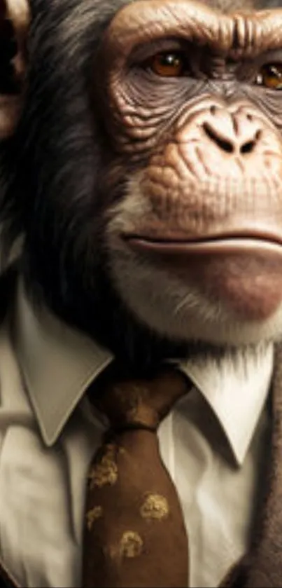 Chimpanzee wearing a suit, tie and white shirt, stylish phone wallpaper.