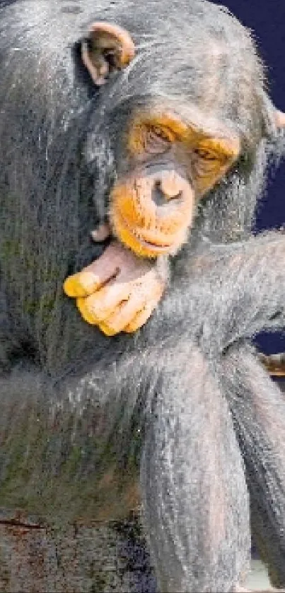 Thoughtful chimpanzee resting against a dark blue background.