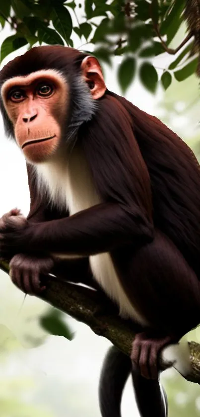 Chimpanzee sitting on a branch in a lush green forest.