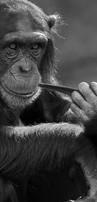 Chimpanzee in grayscale holding a pipe gracefully.