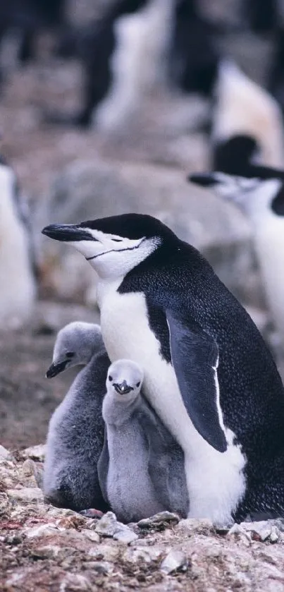 Chinstrap penguin family with chicks in a natural habitat.