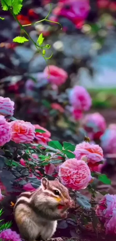 Chipmunk nestled among vibrant pink roses in a lush garden wallpaper.