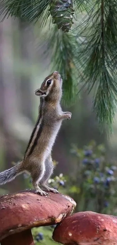 Chipmunk standing on mushrooms in a lush forest background.