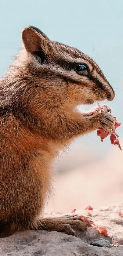 Chipmunk eating on a sunny rock with a scenic background.