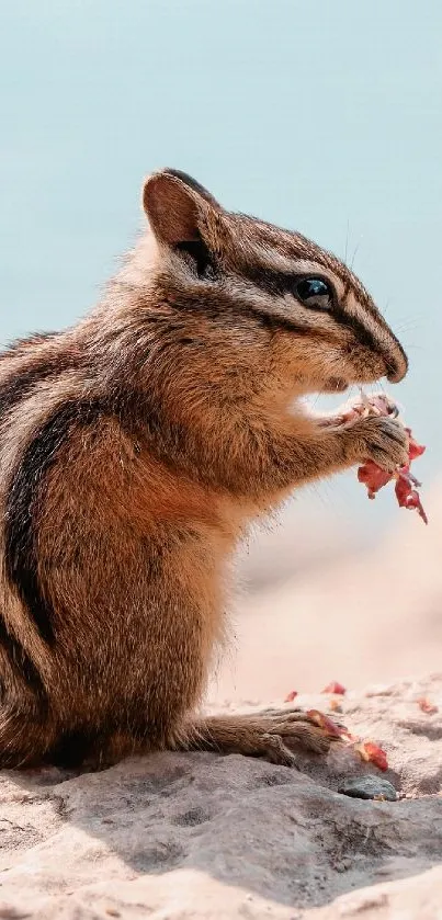 Chipmunk sitting on a rock eating in sunlight.