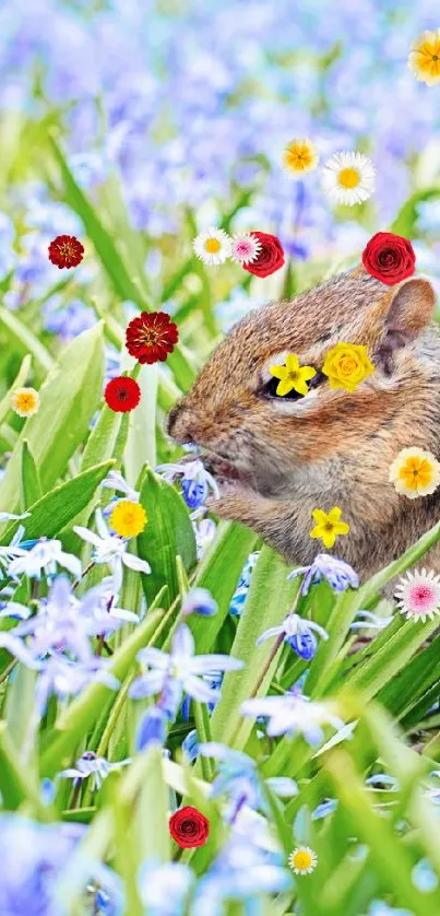 Chipmunk sits amidst blue and green flowers.