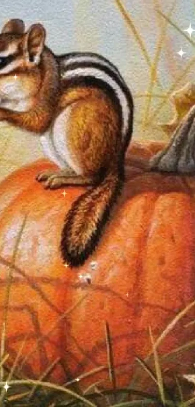 Chipmunk sitting on a pumpkin in autumn scenery with leaves and grass.