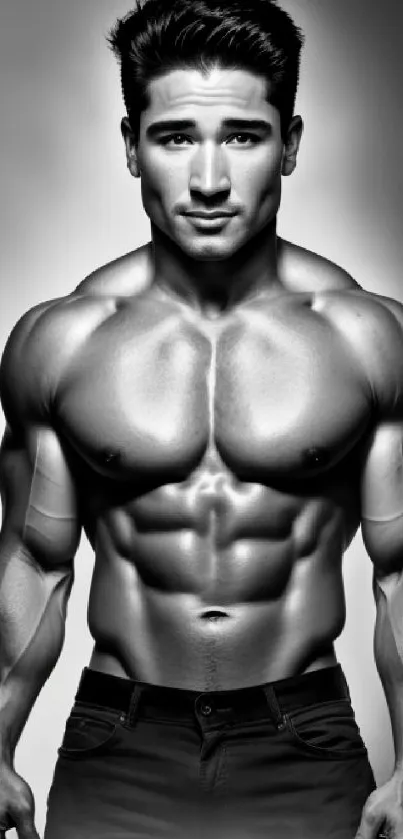 Black and white portrait of a muscular male model showcasing chiseled body aesthetics.