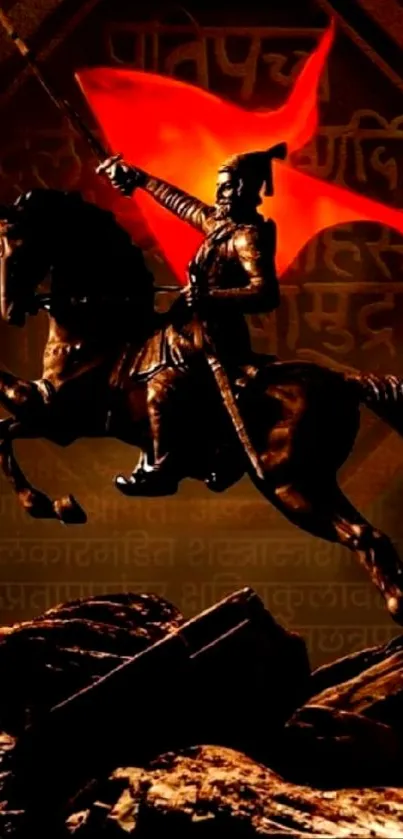 Warrior on horseback with red banner in dynamic art scene.