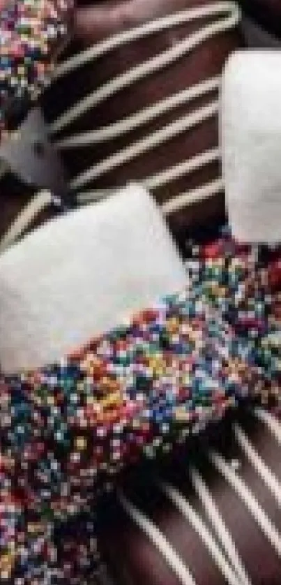 Chocolate-dipped marshmallows with colorful sprinkles close-up wallpaper.